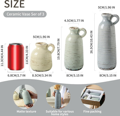 Ceramic Vase Set of 3 | Neutral Vase Home Decor with Handle | Pottery Modern Farmhouse Vases Pampas Grass Flower Vases for Home Decor Table Living Room Centerpieces Mantel Decor - Multicolor