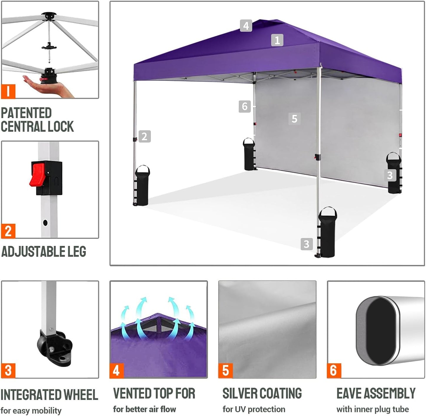 CROWN SHADES 10x10 Pop Up Canopy with 1 Side Wall - Beach Tent with One Push Setup - Outdoor Sun Shade for Events, Parties, Camping - Gazebo with STO-N-Go Cover Bag (Purple)