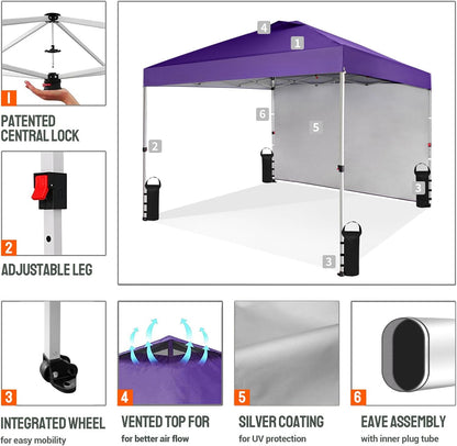 CROWN SHADES 10x10 Pop Up Canopy with 1 Side Wall - Beach Tent with One Push Setup - Outdoor Sun Shade for Events, Parties, Camping - Gazebo with STO-N-Go Cover Bag (Purple)