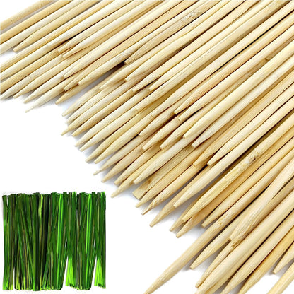 GXXMEI 100PCS 18" Bamboo Plant Stakes with 100PCS 4" Green Garden Ties, Plant Sticks Support, Floral Plant Support Wooden, Indoor Gardening Plant Supports, Wooden Sign Posting Garden Sticks