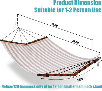 TegerDeger 12FT 2 Person Hammock Large Hammock Quick Dry 450LB Capacity with V Shaped Hardwood Spreader Bar & Nylon Rope for Outside, Patio, Garden, Backyard, Beach, Poolside - Beige Stripes