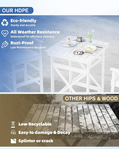 QUASCO 3-Piece Outdoor Adirondack Chairs and Table Sets, HDPE Adirondack Bar Height Chairs Set of 2 and Bar Table, All Weather Outdoor Bar Stools Set for Bistro, Balcony, Poolside, White