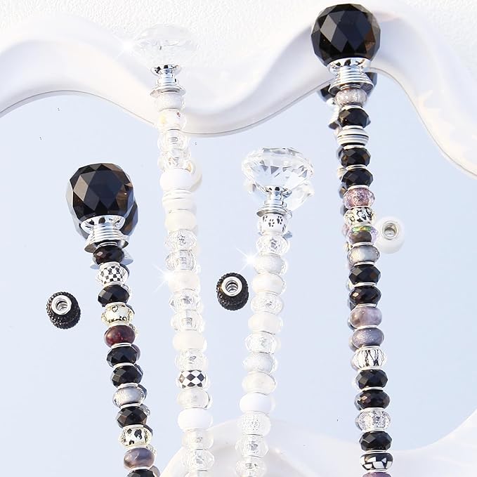 119 Pcs Garden Stake DIY Fairy Wand Plant Stake with Black White Large Hole Beads Crystal Diamond Stopper Top 4 Stainless Steel Threaded Rod Beaded Garden Stakes for Outdoor Indoor Yard Decorations