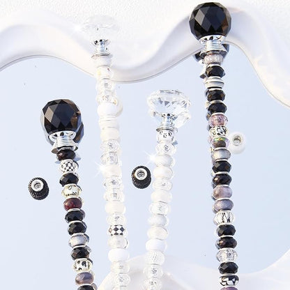 119 Pcs Garden Stake DIY Fairy Wand Plant Stake with Black White Large Hole Beads Crystal Diamond Stopper Top 4 Stainless Steel Threaded Rod Beaded Garden Stakes for Outdoor Indoor Yard Decorations