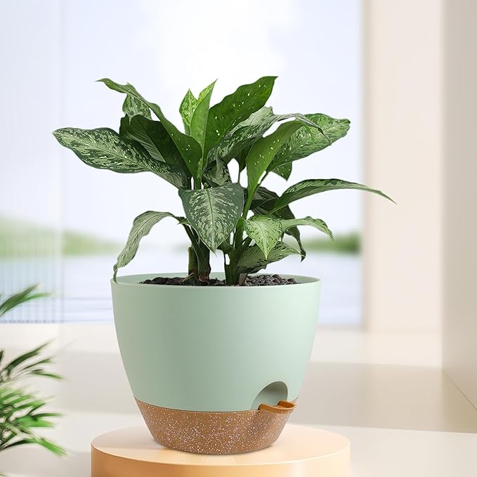 12 inch Large Self Watering Pots, Plant Pots with Mesh Drainage Holes for Indoor Outdoor Plants, Plastic Planters with Deep Reservoir for Garden House Flower Plants, Green with Brown