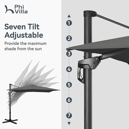PHI VILLA 10ft Cantilever Patio Umbrella with Crank Handle, 7-Level Tilt & 360° Rotation, Aluminum Square Outdoor Offset Umbrella Windproof & Crashproof for Garden, Deck, Pool (Grey)