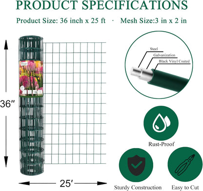 Green PVC Coated Welded Wire Fence 36 Inch x 25 Foot, 2 Inch x 3 Inch 16GA, Garden Border Fencing Roll Vinyl Coating Metal Wire Mesh for Yard Vegetable Plant Protection Poultry Netting