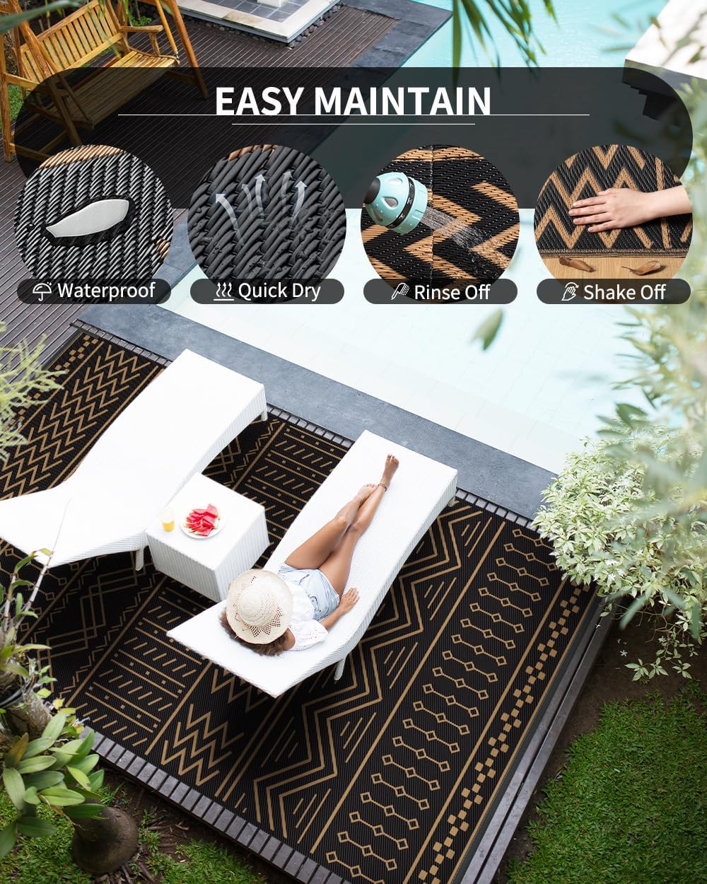 Outdoor Rug Carpet Waterproof 8x10 ft Patio Rug Mat Indoor Outdoor Area Rug for RV Camping Picnic Reversible Lightweight Plastic Straw Outside Rug for Patio Decor Decoration Boho Rug Black Brown