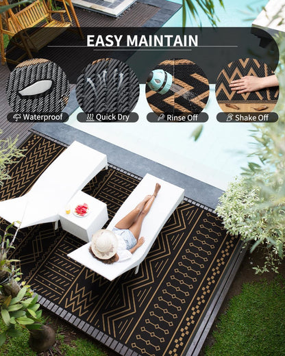 Outdoor Rug Carpet Waterproof 6x9 ft Patio Rug Mat Indoor Outdoor Area Rug for RV Camping Picnic Reversible Lightweight Plastic Straw Outside Rug for Patio Decor Decoration Boho Rug Black Brown