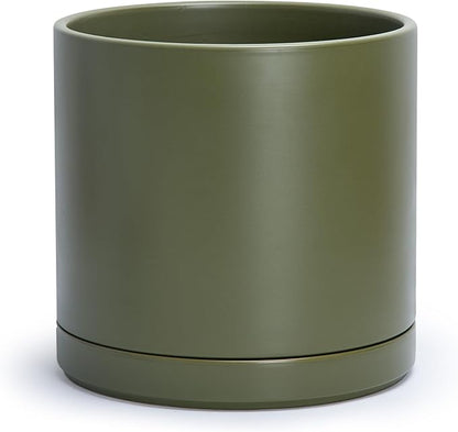 D'vine Dev 12 Inch Ceramic Planter Pot with Drainage Hole and Saucer, Indoor Cylinder Round Planter Pot, Olive, 94-O-F-J