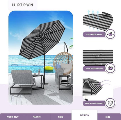 Midtown Umbrellas Sunbrella Umbrella 9 Feet Outdoor Umbrella With Black & White Acrylic Fabric - Auto-Tilt Aluminum Frame Patio Umbrella For Backyard, Deck, Garden, Pool - Black Pole
