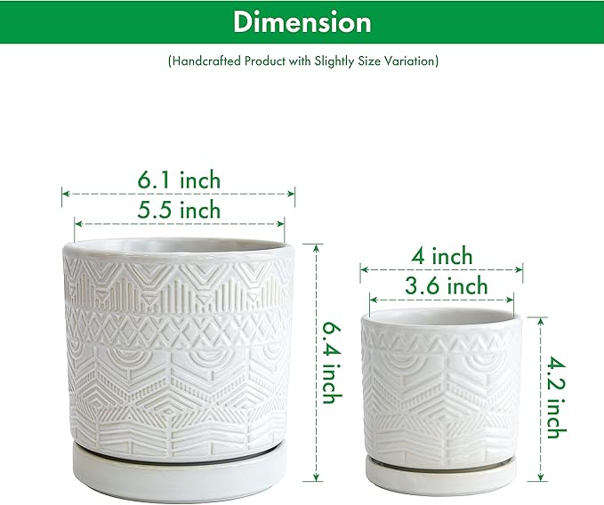 D'vine Dev Set of 2 Modern Matte White Floral Embossed Ceramic Planter Pot with Saucer and Drainage Hole, 4 Inch & 6 Inch, 99-C-1-M