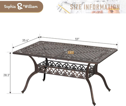 Sophia & William 6-Person Cast Aluminium Outdoor Dining Table Rectangular, Patio Bistro Table with 1.97" Umbrella Hole, Bronze
