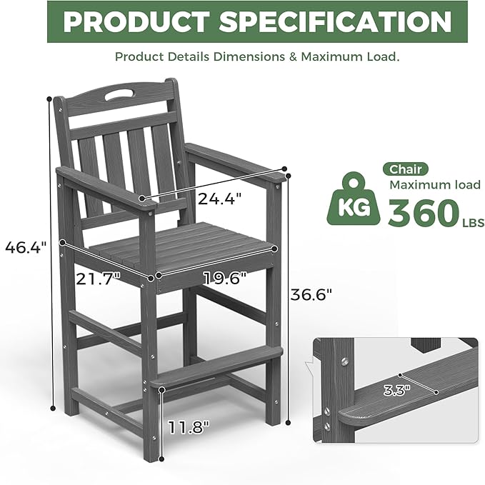 HDPE Outdoor Patio Tall Adirondack Bar Chair, All-Weather Bar Height Balcony Adirondack Stools for Bistro, Garden, Backyard, Deck | Grey