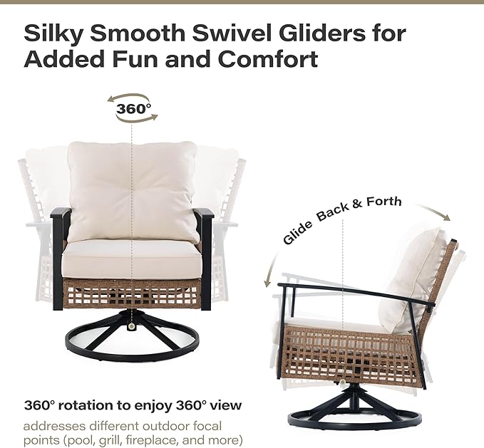 LAUSAINT Home 3 Pieces Rocking Bistro Set, Wicker Patio Bistro Set with 2 Rocking Chairs and 1 Coffee Table, Outdoor Swivel Rocker Patio Chairs with Thickened Cushions for Porch, Backyard (Beige)