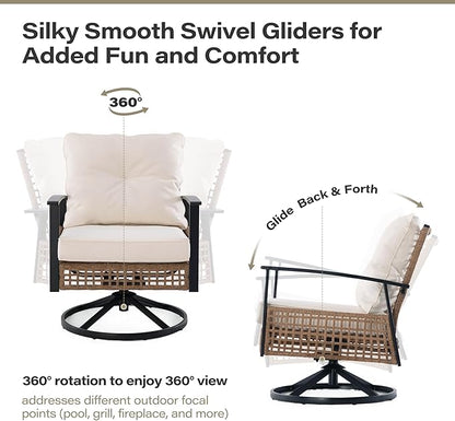 LAUSAINT Home 3 Pieces Rocking Bistro Set, Wicker Patio Bistro Set with 2 Rocking Chairs and 1 Coffee Table, Outdoor Swivel Rocker Patio Chairs with Thickened Cushions for Porch, Backyard (Beige)