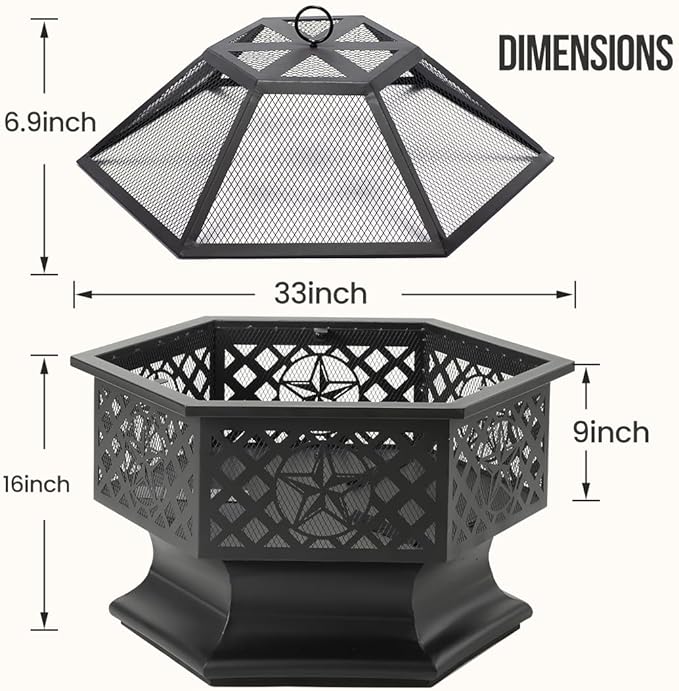 33 Inch Outdoor Fire Pit, Hexagon Shaped Wood Burning Fire pits for Outside, Metal Firepit with Fire Poker&Mesh Cover for Bonfire, Patio, Yard, Garden,Beach and Camping (33'' Black)