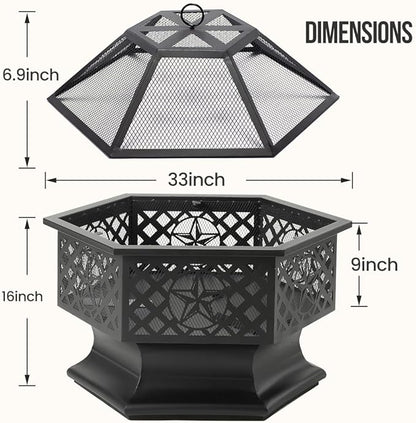 33 Inch Outdoor Fire Pit, Hexagon Shaped Wood Burning Fire pits for Outside, Metal Firepit with Fire Poker&Mesh Cover for Bonfire, Patio, Yard, Garden,Beach and Camping (33'' Black)
