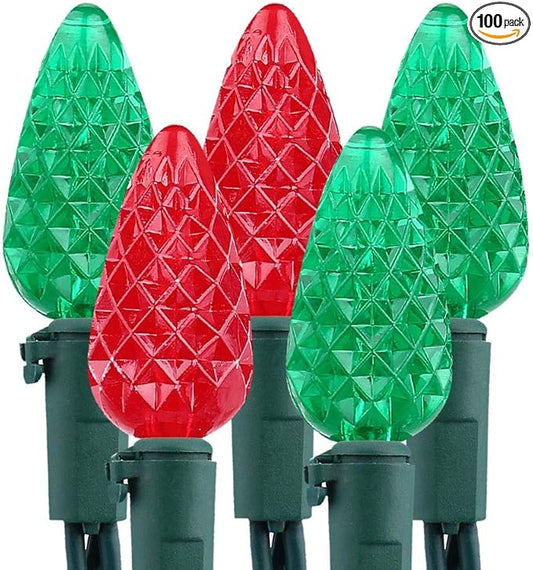Brizled Red & Green C5 Christmas Lights, 33ft 100 LED Christmas Lights, Connectable 120V UL Certified Mini Xmas Light String Faceted Xmas Light for Christmas Tree Party Roof Indoor Outdoor Decor