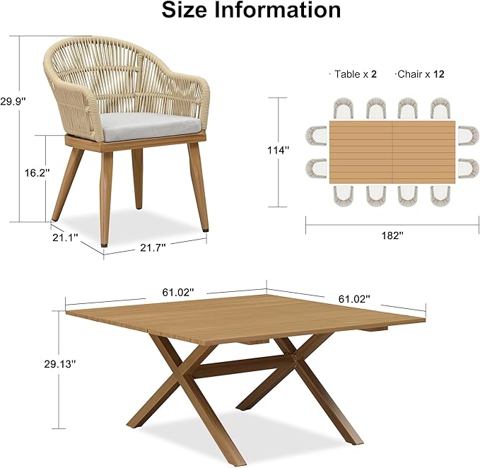 PURPLE LEAF 13 Pieces Oversized Patio Dining Set with Outdoor Aluminium Dining Table and Woven Chairs Modern Metal Furniture Cushions Sets for Garden Yard Indoor Decor Kitchen Teak