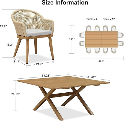 PURPLE LEAF 13 Pieces Oversized Patio Dining Set with Outdoor Aluminium Dining Table and Woven Chairs Modern Metal Furniture Cushions Sets for Garden Yard Indoor Decor Kitchen Teak