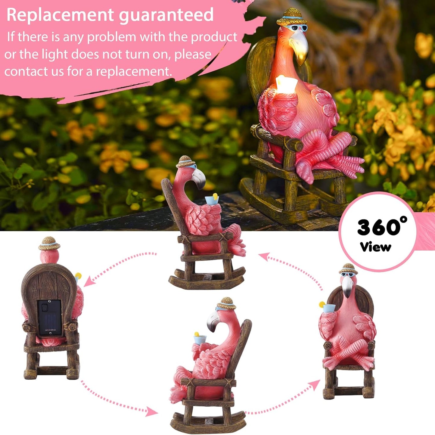 Solar Flamingo Statue for Outdoor Garden Decor - Resin Flamingo Fairy Garden Decor - Suitable for Home Desk Garden Lawn Patio Porch Decor, Unique Gifts for Mom Grandma (8.1 inch)