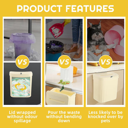 3 Pack Hanging Trash Can with Lid, 10L/2.6 Kitchen Compost Bin for Under Sink or Counter Top, Wall Mounted Home Plastic Waste Basket Garbage Can for Cupboard/Bathroom/Bedroom/Office/Camping (Cream)