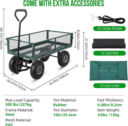 Heavy Duty Steel Garden Cart Folding Utility Wagon with Removable Cart Liner, 500 Lbs Capacity