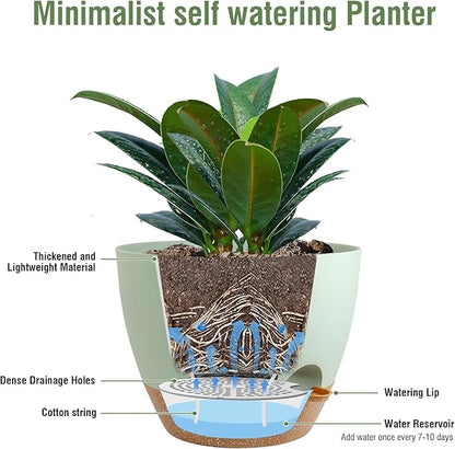 12 inch Large Self Watering Pots, Plant Pots with Mesh Drainage Holes for Indoor Outdoor Plants, Plastic Planters with Deep Reservoir for Garden House Flower Plants, Green with Brown