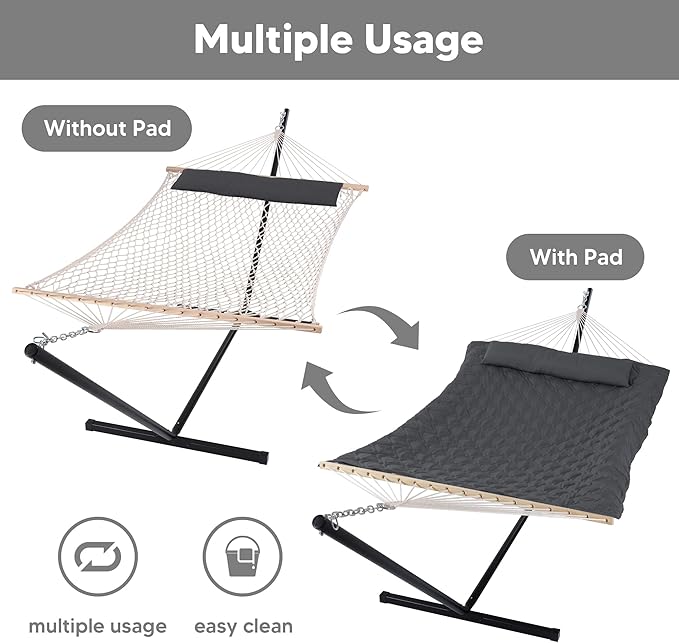 SUNCREAT Hammocks for Outside with Stand, Extra Large 2 Person Hammock with Stand, Dark Gray Drops