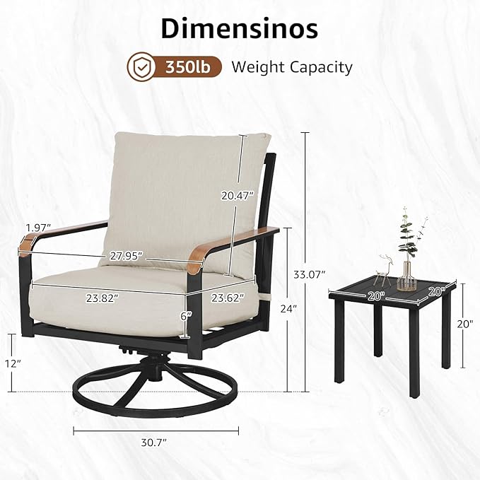 NATURAL EXPRESSIONS Outdoor Bistro Set, 3 Piece Swivel Glider Rocking Chairs Patio Conversation Furniture Set with 2 Rockers, 1 Metal Table and 6" Thick Cushions for Backyard, Porch, Balcony, 350lbs.