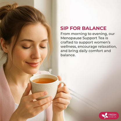 FreshDrinkUS, 40 Tea Bags - Menopause Support Herbal Tea – Soothing Blend with Rhubarb, Hibiscus, Valerian, Passiflora, Ashwagandha, Fennel & Chamomile, Caffeine-Free, Vegan, Non-GMO