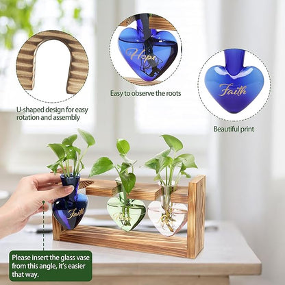 Plant Terrarium Propagation Stations Faith Hope Love Hydroponics Home Garden Decoration Gift for Women with Wooden Stand Heart Shaped Colored Glass Vase