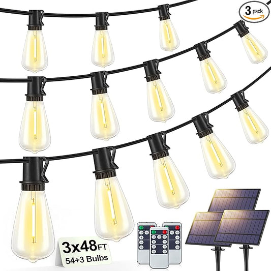 144FT(3x48FT) Solar Outdoor String Lights with Remote & Timer, Waterproof Dimmable Patio Lights with 54+3 ST38 LED Bulbs for Porch Party-Black