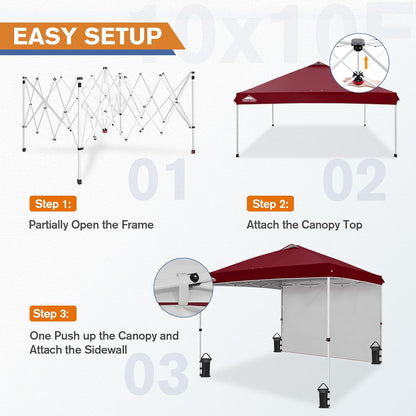 EAGLE PEAK Pop Up Canopy Tent with 1 Sidewall, Easy Setup Event Tent, Outdoor Sun Shade, Wheeled Carry Bag, Stakes and Guy Ropes, Instant Canopy 10x10, Burgundy