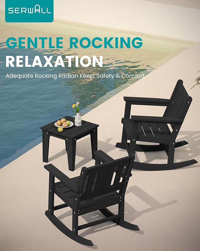 SERWALL Outdoor Rocking Bistro Set, HDPE Patio Furniture Set, Porch Rocking Chair Set with Table for Backyard, Balcony, and Garden- Black