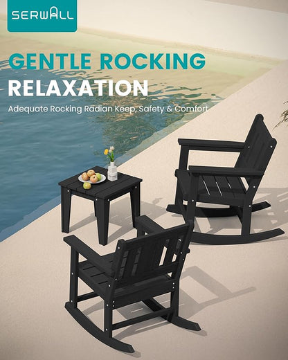 SERWALL Outdoor Rocking Bistro Set, HDPE Patio Furniture Set, Porch Rocking Chair Set with Table for Backyard, Balcony, and Garden- Black