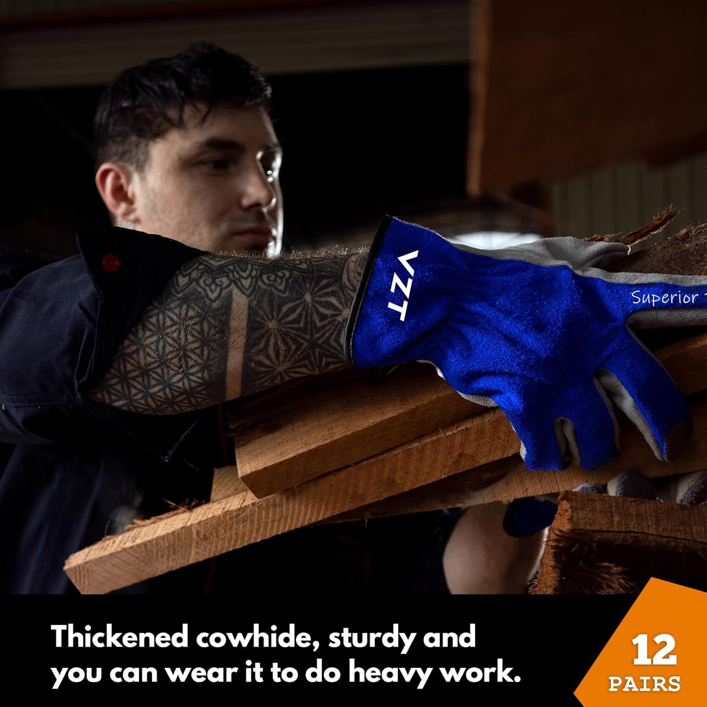 12 Pairs Bulk Leather Work Gloves for Men or Women for Construction, Wood cutting, Driving, Gardening, Automotive Repair, Water Resistant, Soft, Cowhide, Class 4 Abrasion Resistant, Blue-White, XL