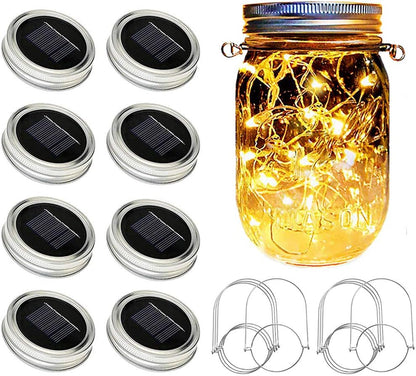 Solar Mason Jar Lights [Updated], 8 Pack 20 LED Waterproof Fairy Firefly Jar Lids String Lights with Hangers(NO JARS), Patio Yard Garden Wedding Decoration - Warm White