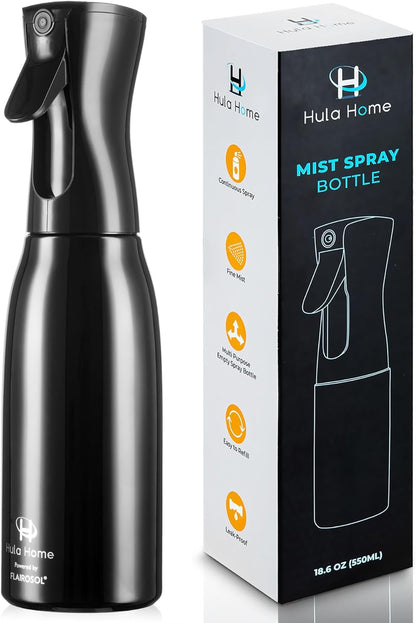 Hula Home Spray Bottle for Hair (20oz/590ml) - Powered by Flairosol® Spray Technology - Continuous Ultra Fine Mist Sprayer – For Hairstyling, Cleaning, Salons, Plants, Essential Oil & More - Black