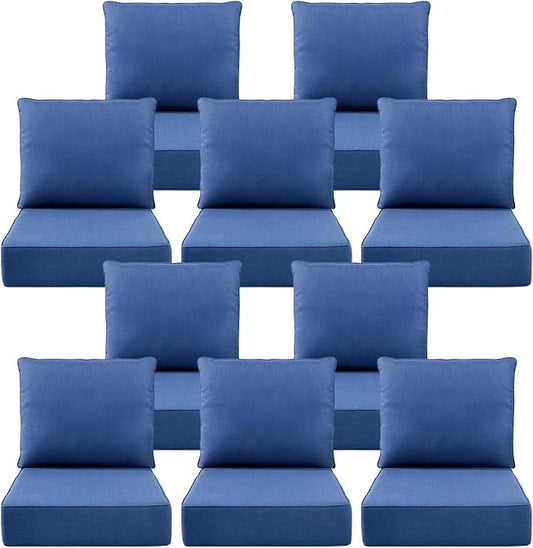 Luxury 6" Outdoor Cushions for Patio Furniture, 24x24x6" Thick Seat Cushion Set of 10, Fade Resistant Couch Chair Replacement Cushions High Density Deep Wicker Chair Cushion w/ Removable Cover, Blue