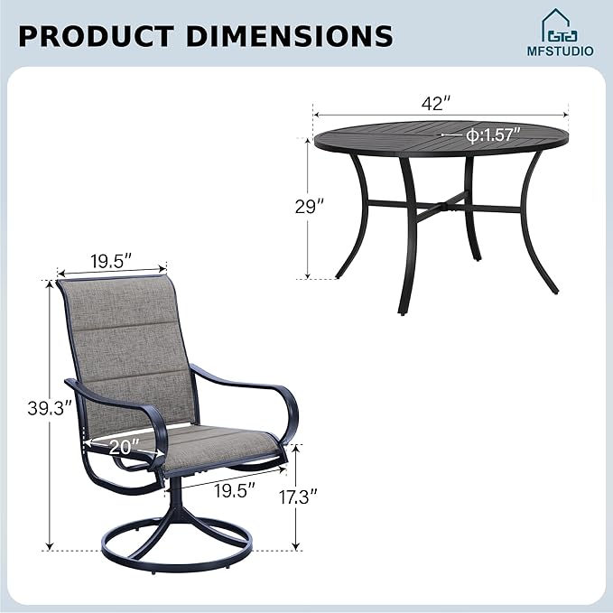 MFSTUDIO Outdoor Dining Set for 4，Round Patio Table and Chairs with Umbrella Hole, 5 Piece Patio Dining Set for Deck, Backyard, Poolside & Garden