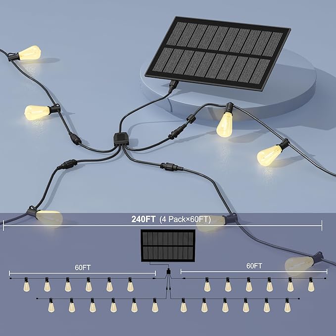 Stright Solar Powered String Light 240FT with Remote Control 8 Light Modes, Weatherproof Shatterproof ST38 LED Bulb, Total 60 Sockets, 1 to 4 Splitter cord String Lights (End to End 60FT, Total 240FT)
