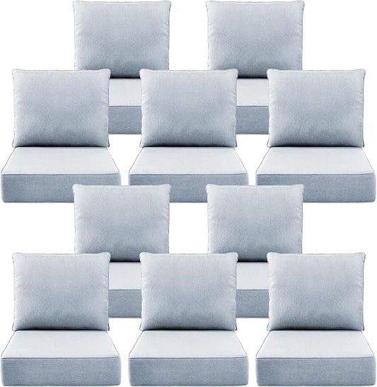 Luxury 6" Outdoor Cushions for Patio Furniture, 24x24x6" Thick Seat Cushion Set of 10, Fade Resistant Couch Chair Replacement Cushions High Density Wicker Chair Cushion w/ Removable Cover Baby Blue