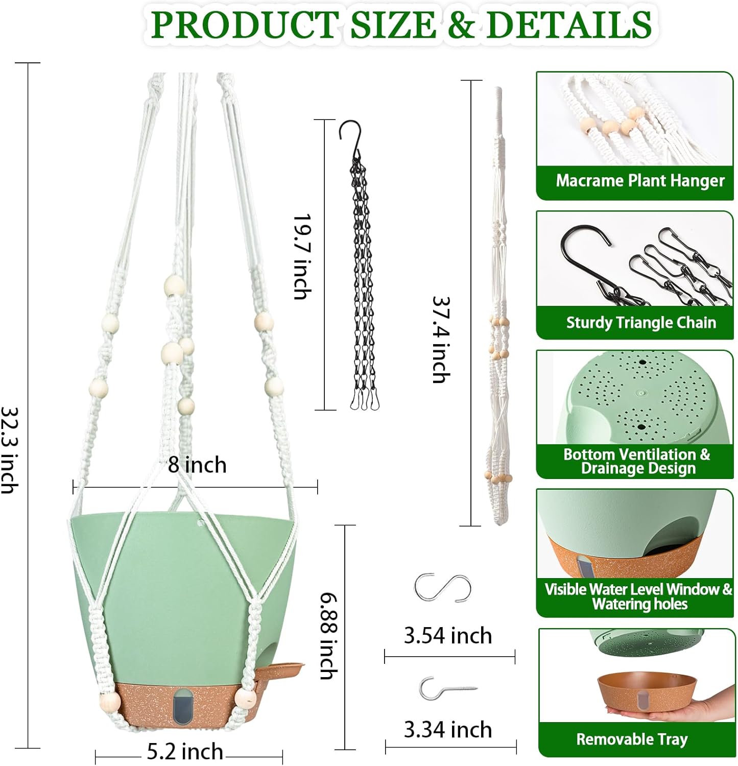 Hanging Planter for Indoor Plants 8 Inch, 2 Pack Self Watering Hanging Baskets for Plants, Hanging Flower Pots with Drainage Hole & 2 Kinds of Plant Hangers for Garden Home Decor (Green, 8 inch)
