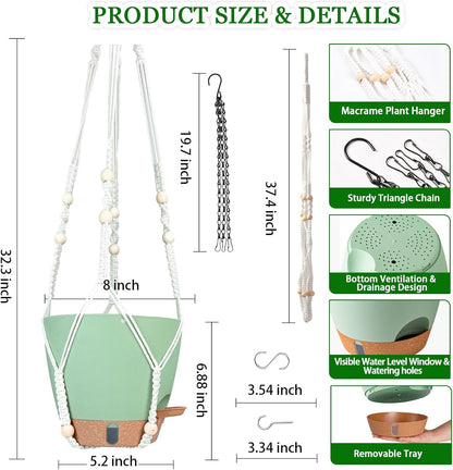 Hanging Planter for Indoor Plants 8 Inch, 2 Pack Self Watering Hanging Baskets for Plants, Hanging Flower Pots with Drainage Hole & 2 Kinds of Plant Hangers for Garden Home Decor (Green, 8 inch)