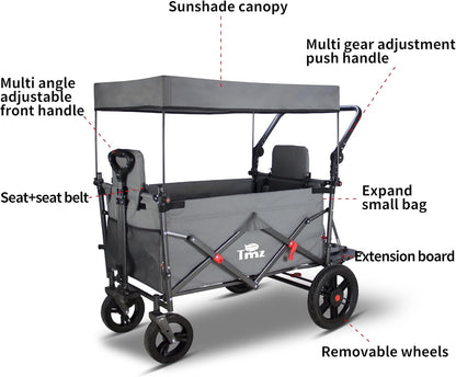 TMZ Collapsible Foldable Wagon Cart with Quick-Release Wheels and 2 Seats, Heavy Duty Wagon 265LBS Load Capacity for Camping Garden Shopping (Grey)