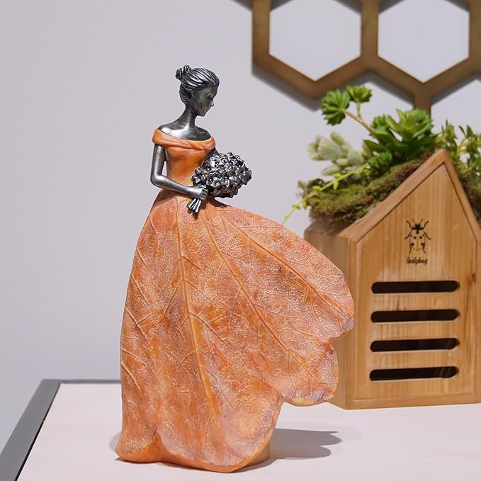 Guichifun Fairy Statue Collection Home Decoration - Orange Leaf Angel Girls Resin Fall Thanksgiving Decor for Outside or Inside Rustic Garden Outdoor Yard Figurines Gift 7.5 x 4.5 x 11.5 Inch