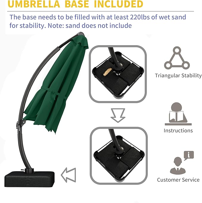 Kingdura 11ft Cantilever Patio Umbrella with Base Included, Large Round Offset Outdoor Pool Umbrella, 360° Rotation & Infinite Tilt, Heavy Duty Aluminum Frame for Deck Backyard, Dark Green