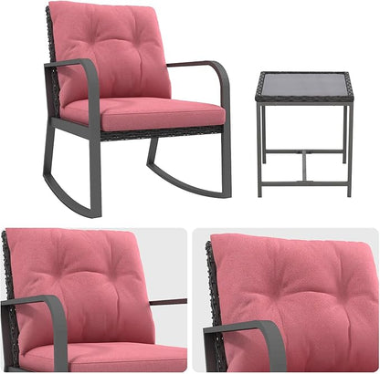 Bistro 3 Piece Patio Furniture Set, Patio Table and Rattan Outdoor Rocking Chairs Set of 2, Outdoor Bistro Conversation Set for Garden, Balcony, Poolside, Backyard, Red